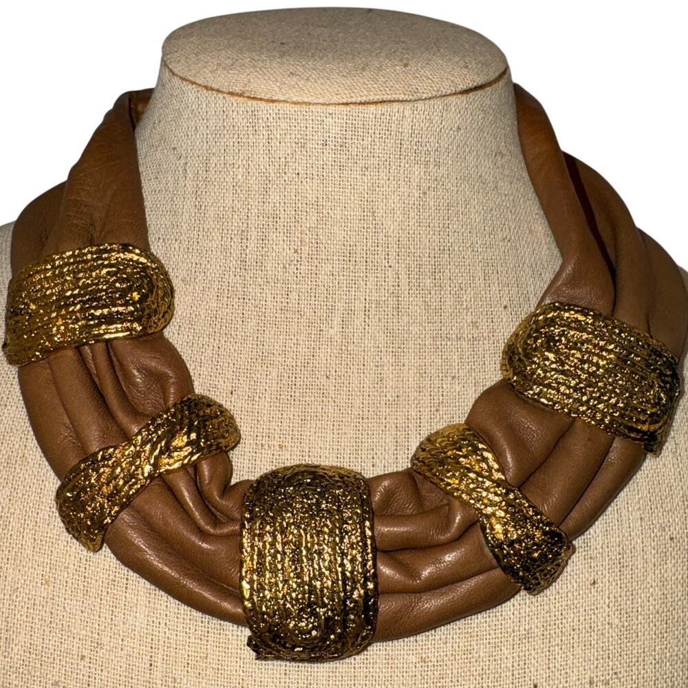 VINTAGE Avant garde Brown Leather Gold Tone Brutalist Texture Statement Necklace